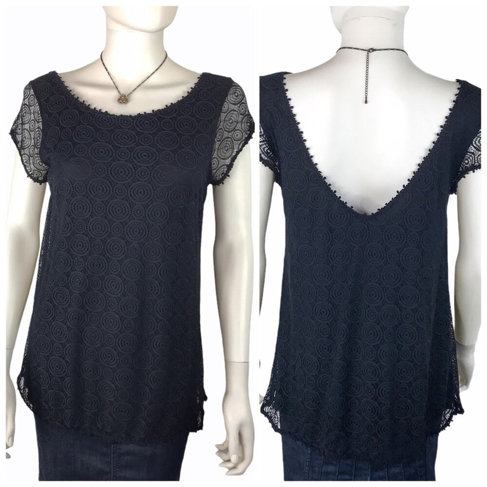 Tart Black Lace Overlay Blouse Low Back Short Sleeve Top